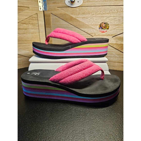 No Boundaries Shoes - No Boundaries Pink Multi-Stripe Platform Flip Flop Sandals